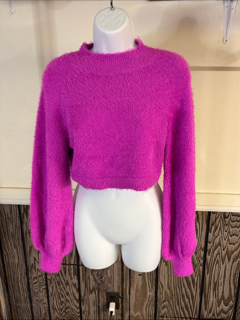 Olivaceous Fuchsia Cropped Fuzzy Crewneck Sweater